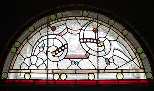 LEADED STAINED GLASS ARCHED WINDOW PANE H 24" W 44" 