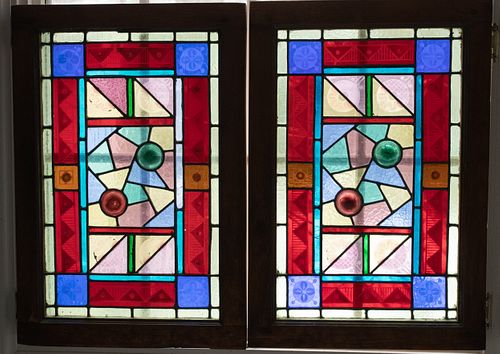 LEADED STAINED GLASS WINDOW PANELS PAIR H 22" W 14" 