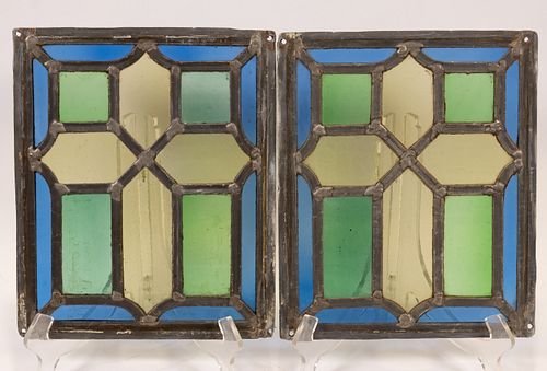 LEADED STAINED GLASS SQUARE PANES PAIR H 11" W 9.5" 