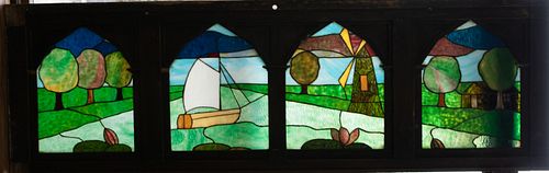 ARCHED LEADED STAINED GLASS PANELS GROUP OF FOUR, FRAMED AS ONE, H 19.75" W 61.75" 