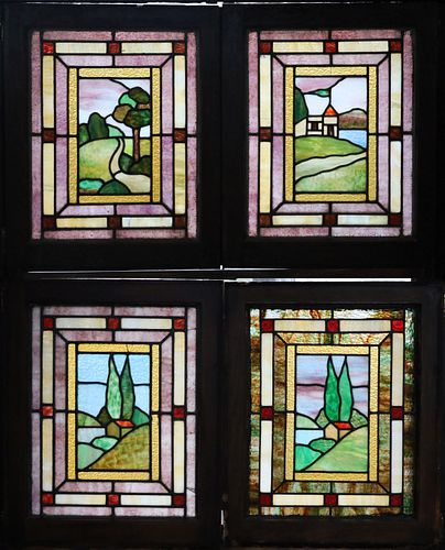 ARTS AND CRAFTS  LEADED STAINED AND SLAG GLASS WINDOW PANES, 1900-1930 FOUR H 24" W 20" 