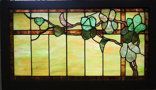 LEADED SLAG GLASS WINDOW PANE 1910-1930 H 27,  W 47" GRAPE VINES AND LEAVES ON TRELLIS 
