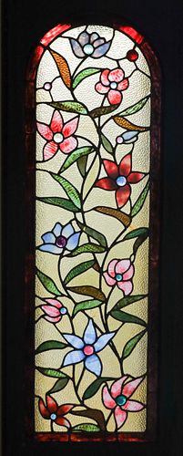 LEADED STAINED GLASS WINDOWPANE 1930-1950 H 48" W 17" FLORAL SPRAYS 
