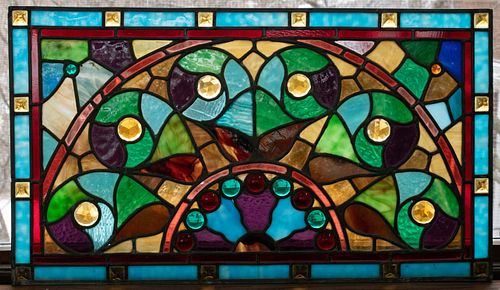 LEADED STAINED AND JEWELED GLASS WINDOW PANE H 16.75" W 29.25" 