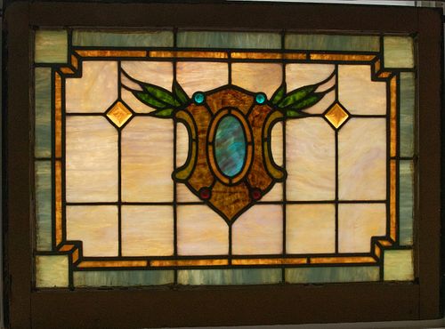 LEADED STAINED AND SLAG GLASS WINDOW PANE H 25" W 34.25" 