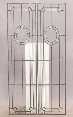 LEADED BEVELED CLEAR GLASS WINDOW PANES PAIR H 56" W 14.25" 