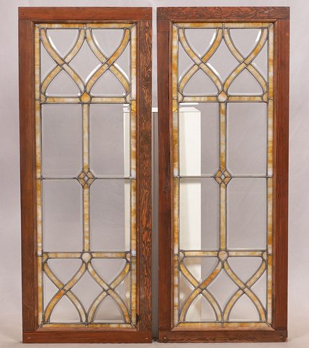 LEADED BEVELED CLEAR AND STAINED GLASS WINDOW PANES PAIR H 20" W 52" 