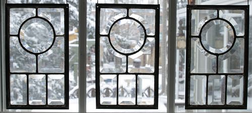 BEVELED CLEAR LEADED GLASS WINDOW ORNAMENTS GROUP OF THREE H 10" W 6" 