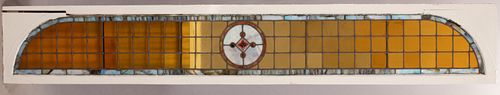 LEADED STAINED GLASS ARCHED WINDOW PANEL, H 11.25", W 88.5" 