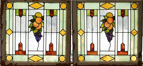 LEADED STAINED GLASS WINDOW PANES PAIR H 26" W 28" 