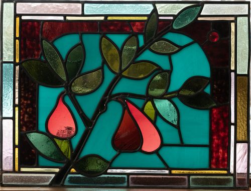 LEADED STAINED GLASS WINDOW PANE H 15" W 20" 