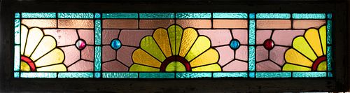 LEADED STAINED GLASS WINDOW PANE H 9.75" W 47" 