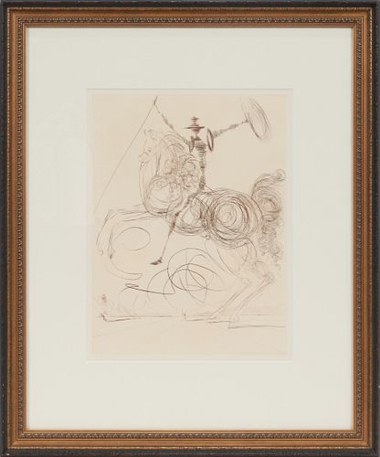AFTER SALVADOR DALI (SPAIN, 1904-89), ENGRAVING ON PAPER, H 15.5", W 11.5", "DON QUIXOTE ON AN INFINITE LANDSCAPE" 
