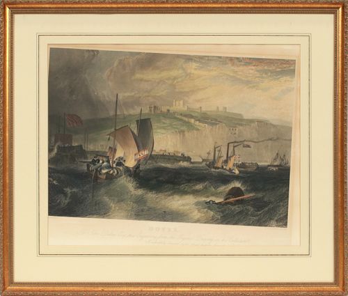 AFTER J.M.W. TURNER (ENGLISH, 1775-51), HAND-TINTED ENGRAVING, H 16", W 23", "DOVER" 