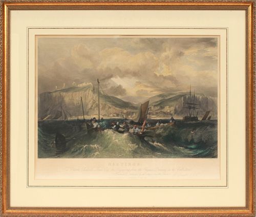 AFTER J.M.W. TURNER (ENGLISH, 1775-51), HAND-TINTED ENGRAVING, H 16", W 23", "HASTINGS" 
