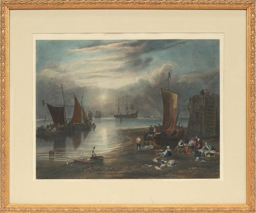 AFTER J.M.W. TURNER (ENGLISH, 1775-51), HAND-TINTED ENGRAVING, H 16", W 22", "SUN RISING..." 