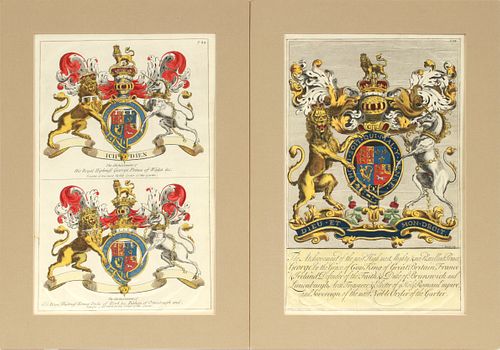 ENGLISH COATS OF ARMS, C. 1724 KING GEORGE, ALSO PRINCE OF WALES TWO H 13.7" W 9" 