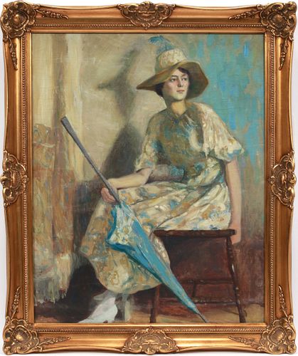OIL ON CANVAS, C.1930 H 30", W 23", WOMAN WITH PARASOL 
