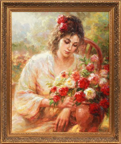 DENBER, OIL ON CANVAS, H 37", W 30", WOMAN WITH BOUQUET 