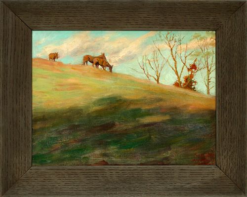 WYETH, SKETCH OIL ON CANVASBOARD, 1903, H 9", W 12", WILD HORSES ON A HILL 