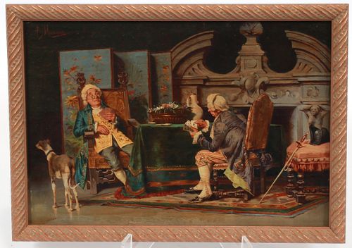 POMPEO MASSANI (ITALY, 1850-20), OIL ON MAHOGANY PANEL, H 7", W 10", CARD PLAYERS 