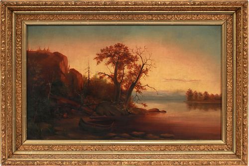 OIL ON CANVAS, 19TH.C. H 15", W 25", EARLY AMERICAN LANDSCAPE 