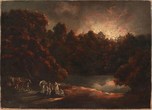 ATTR. JOSEPH WRIGHT OF DERBY (ENGLISH, 1734-97), OIL ON CANVAS, H 15", W 21", AUTUMNAL LANDSCAPE 