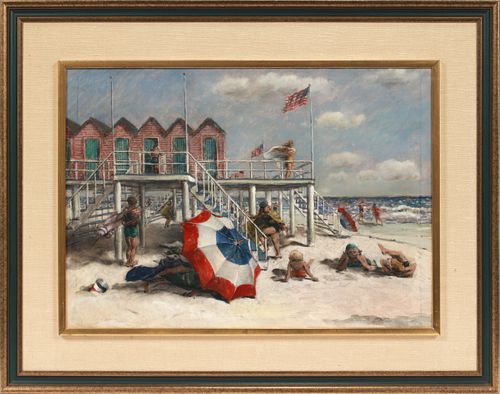 CORDRAY SIMMONS (NEW JERSEY, 1888-70), OIL ON CANVAS, H 17", W 24", STUDY FOR "RED, WHITE AND BLUE" 