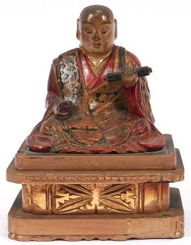 JAPANESE  LACQUER OVER HAND CARVED WOOD  SCULPTURE 19TH.C. H 7.5" THE HOLY PRIEST NICHIREN DAISHONIN 