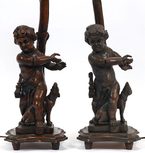 CARVED WALNUT LAMPS, PAIR, H 21", DIA 9"