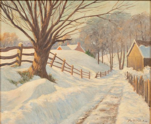 THOMAS SHECKELL (NEW YORK, 1883-43), OIL ON CANVAS BOARD, H 20", W 24", SNOWY COUNTRY LANDSCAPE 
