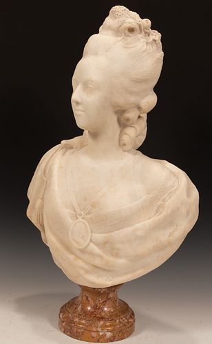 CARVED MARBLE BUST, H 26", W 16", MARIE ANTOINETTE 