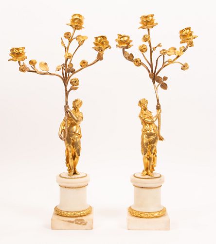 FRENCH DORE BRONZE & MARBLE CANDELABRAS, PAIR, H 22", DIA 9"