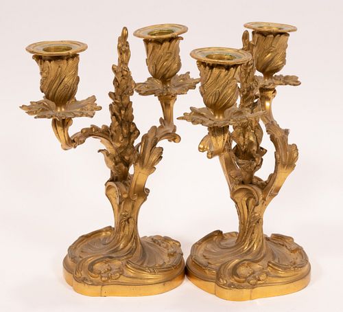 FRENCH D'ORE BRONZE CANDLEABRAS, PAIR, H 8", W 7.5"
