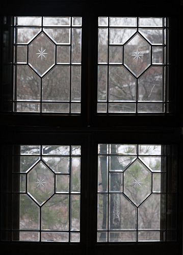 LEADED CLEAR BEVELED GLASS WINDOW PANES, FOUR, H 29" W 22" 