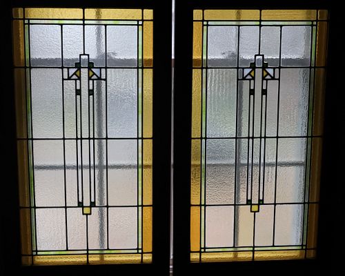 LEADED STAINED GLASS WINDOW PANES PAIR H 39" W 22" 