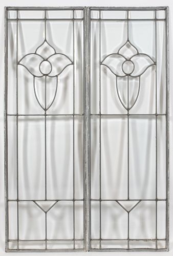 LEADED STAINED GLASS WINDOW PANES, PAIR H 49" W 16" 
