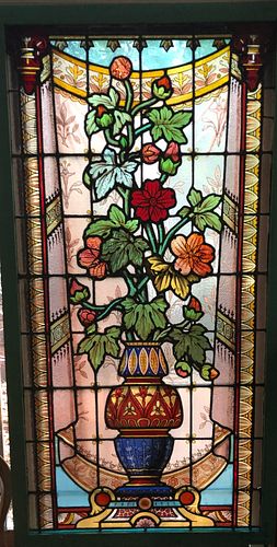 STAINED LEADED GLASS WINDOW PANE CIRCA 1900 H 70" W 36" 