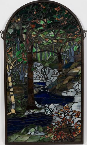 LEADED SLAG GLASS WINDOW, H 40", W 24", BLOSSOMING FOREST 