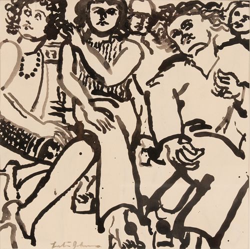 LESTER JOHNSON (AMERICAN, 1919–2010) INK ON PAPER, H 7.25" W 7.25" UNTITLED, FIVE FIGURES 