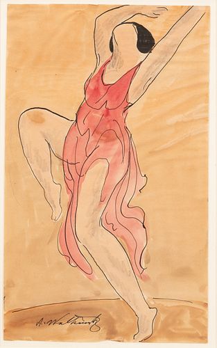ABRAHAM WALKOWITZ (AMERICAN, 1878–1965) INK AND WATERCOLOR, ON PAPER 20TH CENTURY H 14" W 8.375" ISADORA DUNCAN 