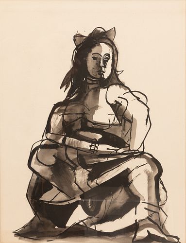RICO LEBRUN (AMERICAN, 1900–1964) INK WASH BRUSH PAINTING ON WOVE PAPER, 1949 H 21" W 16.5" SITTING WOMAN 
