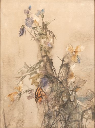 RICHARD JERZY (MICHIGAN, 1941-01), WATERCOLOR ON PAPER, H 30", W 21", BUTTERFLY & THISTLES 