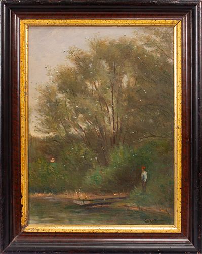 AFTER COROT, OIL ON ARTIST'S BOARD, H 14.75", W 10.75", FIGURE BY A POND 