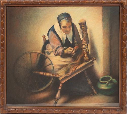 CHESTER S. KINGSLEY (MICHIGAN, 19/20TH C), PASTEL ON PAPER, H 24", W 26", SPINNING THREAD 