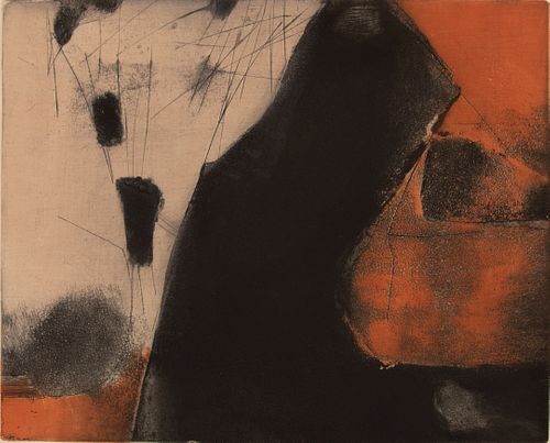 FAYGA OSTROWER (POLISH, B.1920) ETCHING IN COLORS, ON BFK RIVES WOVE PAPER, 1956 H 9.75" W 11.75" COMPOSITION 