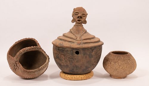 LUBA, CONGO, AFRICAN, CERAMIC VESSELS GROUP OF THREE H 6"-16" W 8"-12" 