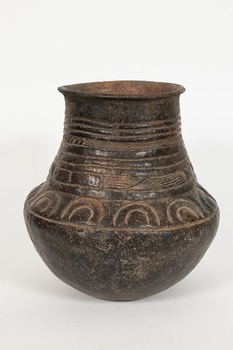 AFRICAN CLAY VESSEL H 13.5" DIA 12.5" 