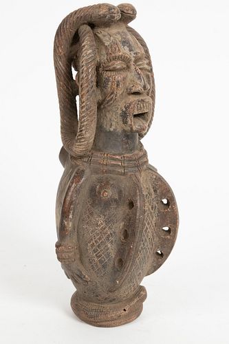 BAGWA, CAMEROON, AFRICAN, CLAY VESSEL (FIGURE WITH SNAKES) H 11" W 4.5" 