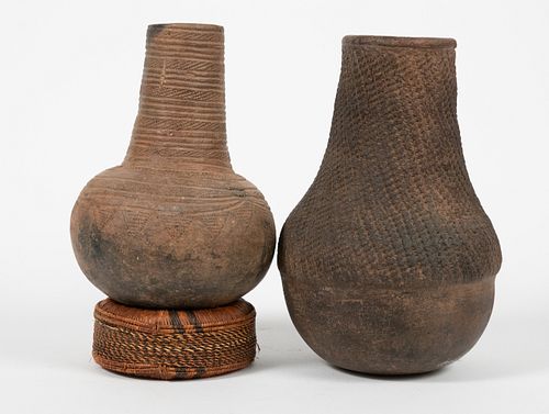 CONGO, AFRICAN, CLAY VESSELS GROUP OF TWO H 9"-11" DIA 6.5"-7" 